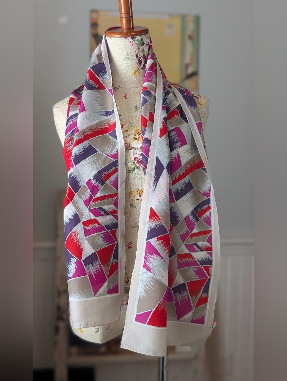 Silk-Feel Geometric Print Scarf in Fuchsia, Red & Purple